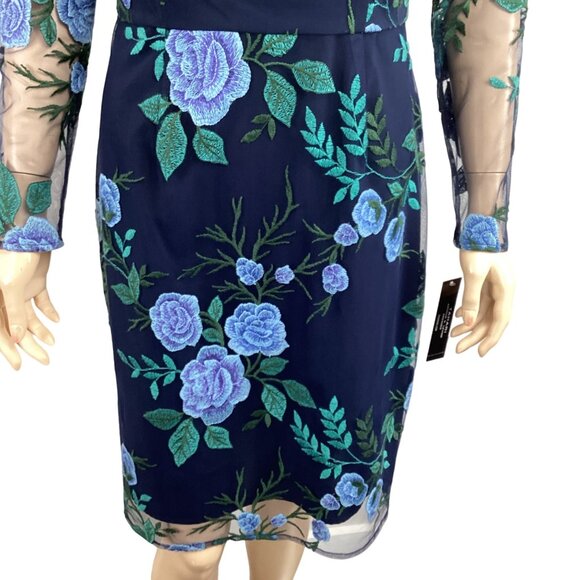 Tahari NWT Navy Blue Floral Embroidered Sheer Mesh Overlay Dress‎ Size 4 W/ Long - Picture 9 of 9